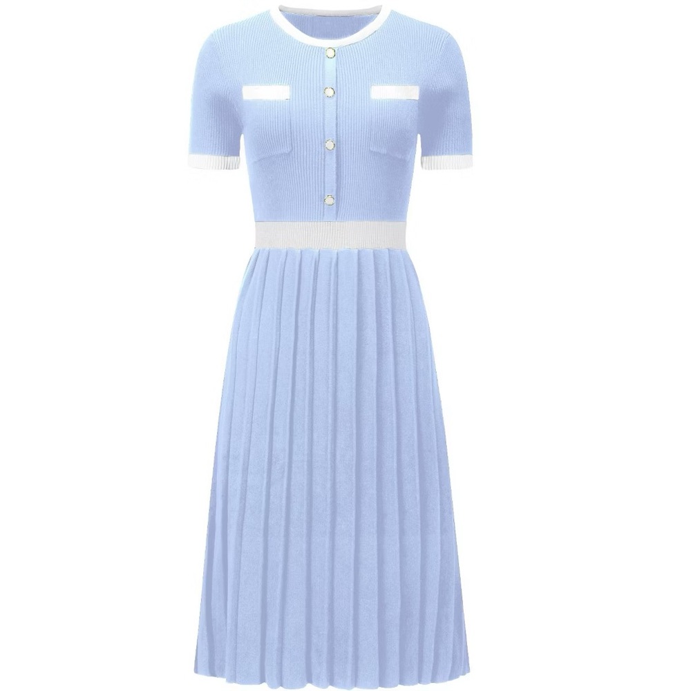 Hobemty Women's Pleated Short Sleeve Knitted Blue Dress Size XXL